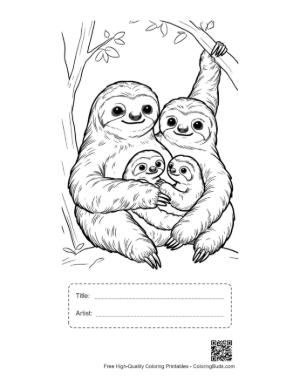 Thumbnail: Happy Three-Toed Sloth Family Hanging on Tree Branch Printable with Title and Artist Box