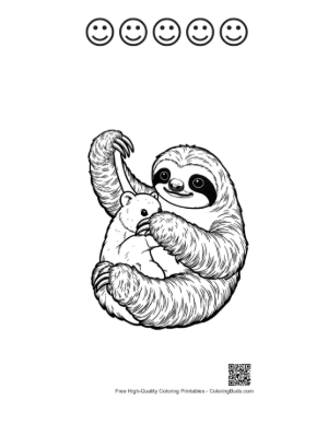 Thumbnail: Mother Three-Toed Sloth Hugging Baby Printable and 5 Happy Face Outline