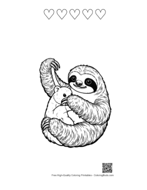 Thumbnail: Mother Three-Toed Sloth Hugging Baby Printable and 5 Heart Outline