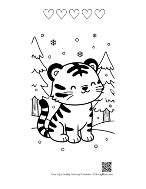 Thumbnail: Adorable Baby Tiger Playing in the Winter Snow Printable and 5 Heart Outline