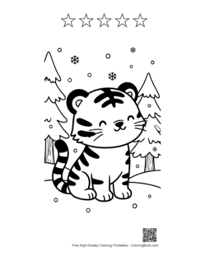 Thumbnail: Adorable Baby Tiger Playing in the Winter Snow Printable and 5 Star Outline