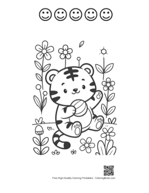 Thumbnail: Adorable Bengal Tiger Sitting Among Blooming Daisies Printable and 5 Happy Face Outline
