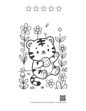 Thumbnail: Adorable Bengal Tiger Sitting Among Blooming Daisies Printable and 5 Star Outline