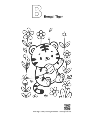 Thumbnail: Adorable Bengal Tiger Sitting Among Blooming Daisies Printable Outline Alphabet B Bengal Tiger