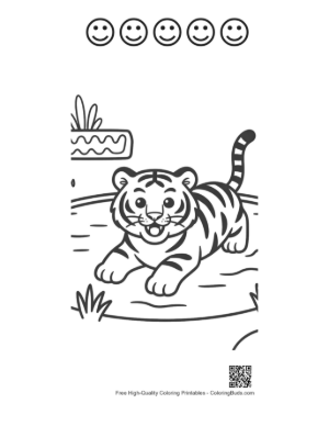 Thumbnail: Adorable Tiger Cub Exploring a Tropical Watering Hole Printable and 5 Happy Face Outline
