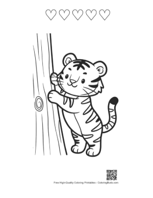 Thumbnail: Bengal Tiger Cub Standing Against a Large Tree Printable and 5 Heart Outline