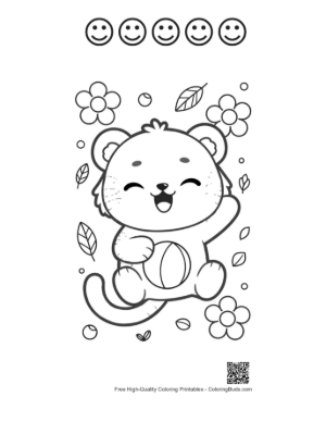 Thumbnail: Cheerful Baby Tiger Cub Waving in a Flower Field Printable and 5 Happy Face Outline