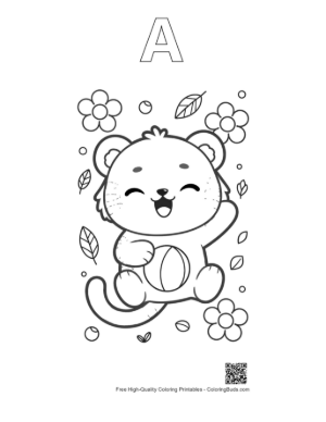 Thumbnail: Cheerful Baby Tiger Cub Waving in a Flower Field Printable Outline Alphabet A