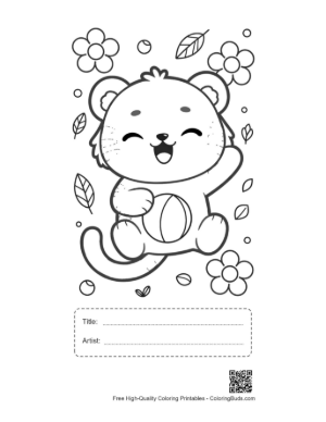 Thumbnail: Cheerful Baby Tiger Cub Waving in a Flower Field Printable with Title and Artist Box