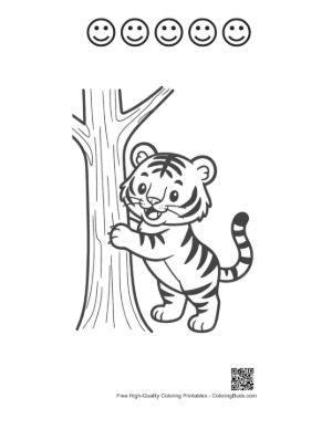 Thumbnail: Curious Baby Tiger Climbing a Thick Tree Trunk Printable and 5 Happy Face Outline