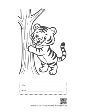Thumbnail: Curious Baby Tiger Climbing a Thick Tree Trunk Printable with Title and Artist Box