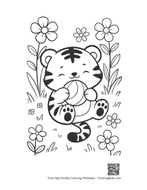Thumbnail: Cute Baby Tiger Holding a Ball in a Garden Printable
