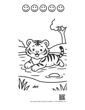 Thumbnail: Cute Bengal Tiger Cub Splashing in a Jungle Pond Printable and 5 Happy Face Outline