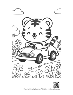 Thumbnail: Cute Tiger Cub Driving a Toy Car Through Flowers Printable
