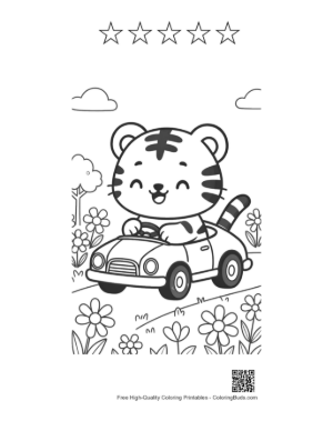 Thumbnail: Cute Tiger Cub Driving a Toy Car Through Flowers Printable and 5 Star Outline