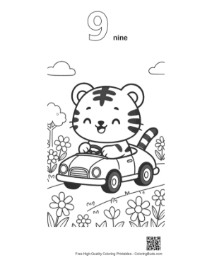 Thumbnail: Cute Tiger Cub Driving a Toy Car Through Flowers Printable Outline Number 9