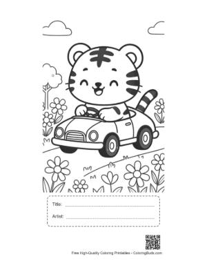 Thumbnail: Cute Tiger Cub Driving a Toy Car Through Flowers Printable with Title and Artist Box