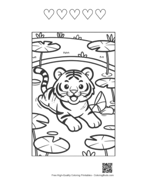 Thumbnail: Cute Tiger Cub Observing Frogs in a Marsh Printable and 5 Heart Outline