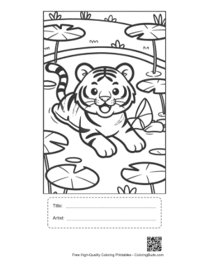 Thumbnail: Cute Tiger Cub Observing Frogs in a Marsh Printable with Title and Artist Box