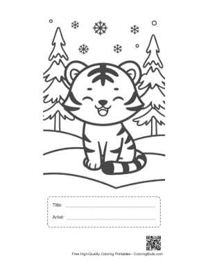 Thumbnail: Cute Tiger Cub Sitting in a Snowy Winter Forest Printable with Title and Artist Box