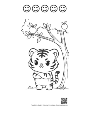 Thumbnail: Determined Baby Tiger Cub in a Fruit Orchard Printable and 5 Happy Face Outline