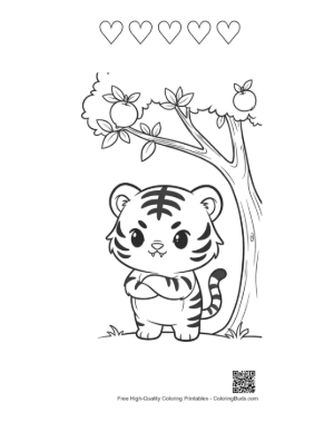 Thumbnail: Determined Baby Tiger Cub in a Fruit Orchard Printable and 5 Heart Outline