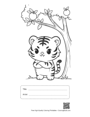 Thumbnail: Determined Baby Tiger Cub in a Fruit Orchard Printable with Title and Artist Box