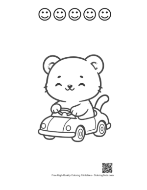 Thumbnail: Funny Baby Tiger Cub Racing in a Small Car Printable and 5 Happy Face Outline