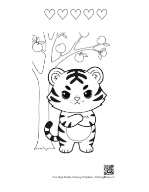 Thumbnail: Grumpy Little Tiger Cub Standing in the Snow Printable and 5 Heart Outline