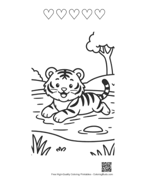 Thumbnail: Happy Baby Tiger Swimming in a Forest River Printable and 5 Heart Outline