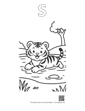 Thumbnail: Happy Baby Tiger Swimming in a Forest River Printable Outline Alphabet S