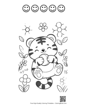 Thumbnail: Happy Tiger Cub Playing with a Ball in Flowers Printable and 5 Happy Face Outline