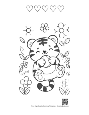 Thumbnail: Happy Tiger Cub Playing with a Ball in Flowers Printable and 5 Heart Outline