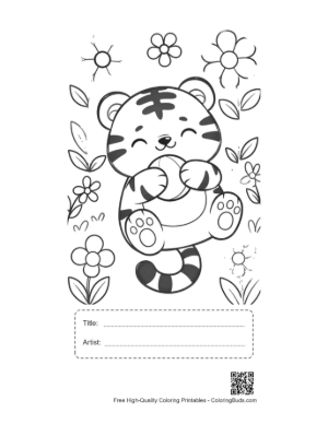 Thumbnail: Happy Tiger Cub Playing with a Ball in Flowers Printable with Title and Artist Box