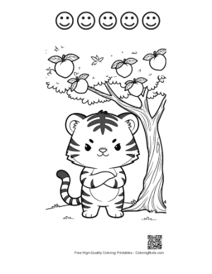 Thumbnail: Little Bengal Tiger Cub Posing Near an Apple Tree Printable and 5 Happy Face Outline