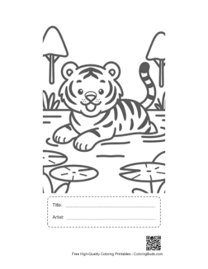 Thumbnail: Little Bengal Tiger Sitting by a Lily Pad Pond Printable with Title and Artist Box