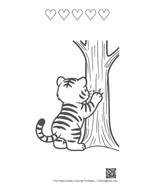 Thumbnail: Playful Tiger Cub Scratching a Tree in the Woods Printable and 5 Heart Outline