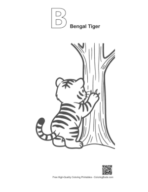 Thumbnail: Playful Tiger Cub Scratching a Tree in the Woods Printable Outline Alphabet B Bengal Tiger