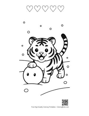Thumbnail: Adorable Little Tiger Making a Snowman in the Forest Printable and 5 Heart Outline