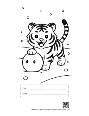 Thumbnail: Adorable Little Tiger Making a Snowman in the Forest Printable with Title and Artist Box