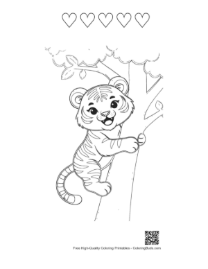 Thumbnail: Adorable Siberian Tiger Cub Exploring the Jungle Trees Printable and 5 Heart Outline