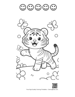 Thumbnail: Adorable Tiger Cub Dancing with Butterflies in the Sun Printable and 5 Happy Face Outline