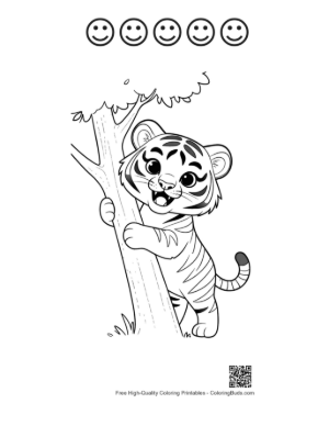 Thumbnail: Baby Tiger Cub Hugging a Tree Trunk in the Forest Printable and 5 Happy Face Outline