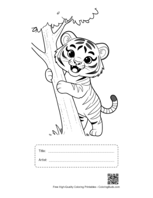 Thumbnail: Baby Tiger Cub Hugging a Tree Trunk in the Forest Printable with Title and Artist Box