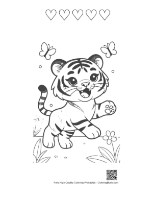 Thumbnail: Cheerful Baby Tiger Reaching for a Flying Butterfly Printable and 5 Heart Outline
