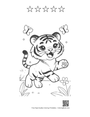 Thumbnail: Cheerful Baby Tiger Reaching for a Flying Butterfly Printable and 5 Star Outline
