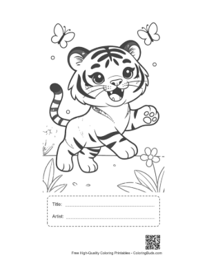 Thumbnail: Cheerful Baby Tiger Reaching for a Flying Butterfly Printable with Title and Artist Box