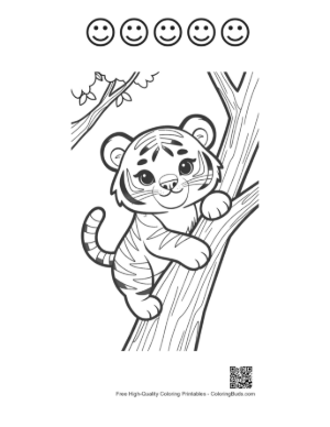 Thumbnail: Curious Tiger Cub Climbing Up a Tall Forest Tree Printable and 5 Happy Face Outline