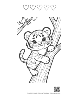 Thumbnail: Curious Tiger Cub Climbing Up a Tall Forest Tree Printable and 5 Heart Outline