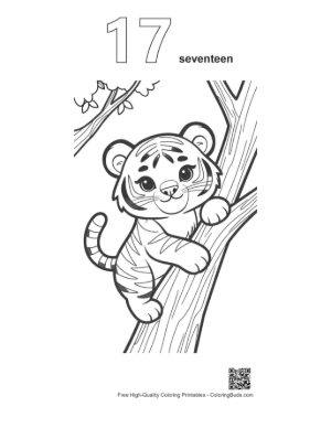 Thumbnail: Curious Tiger Cub Climbing Up a Tall Forest Tree Printable Outline Number 17